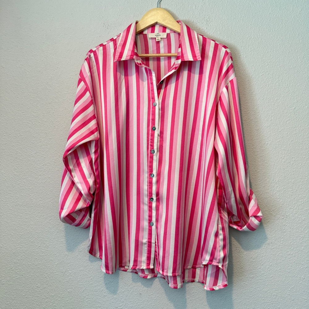 Entro Pink White Vertical Stripe Roll Tab Button Down Shirt Large T22312
